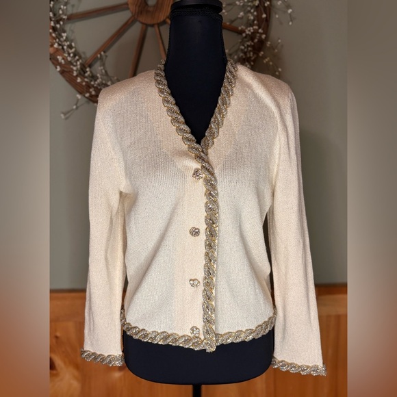 Vintage Chic Cream Cardigan with Gold Jewel Detailing made in USA size 4 - Picture 1 of 13